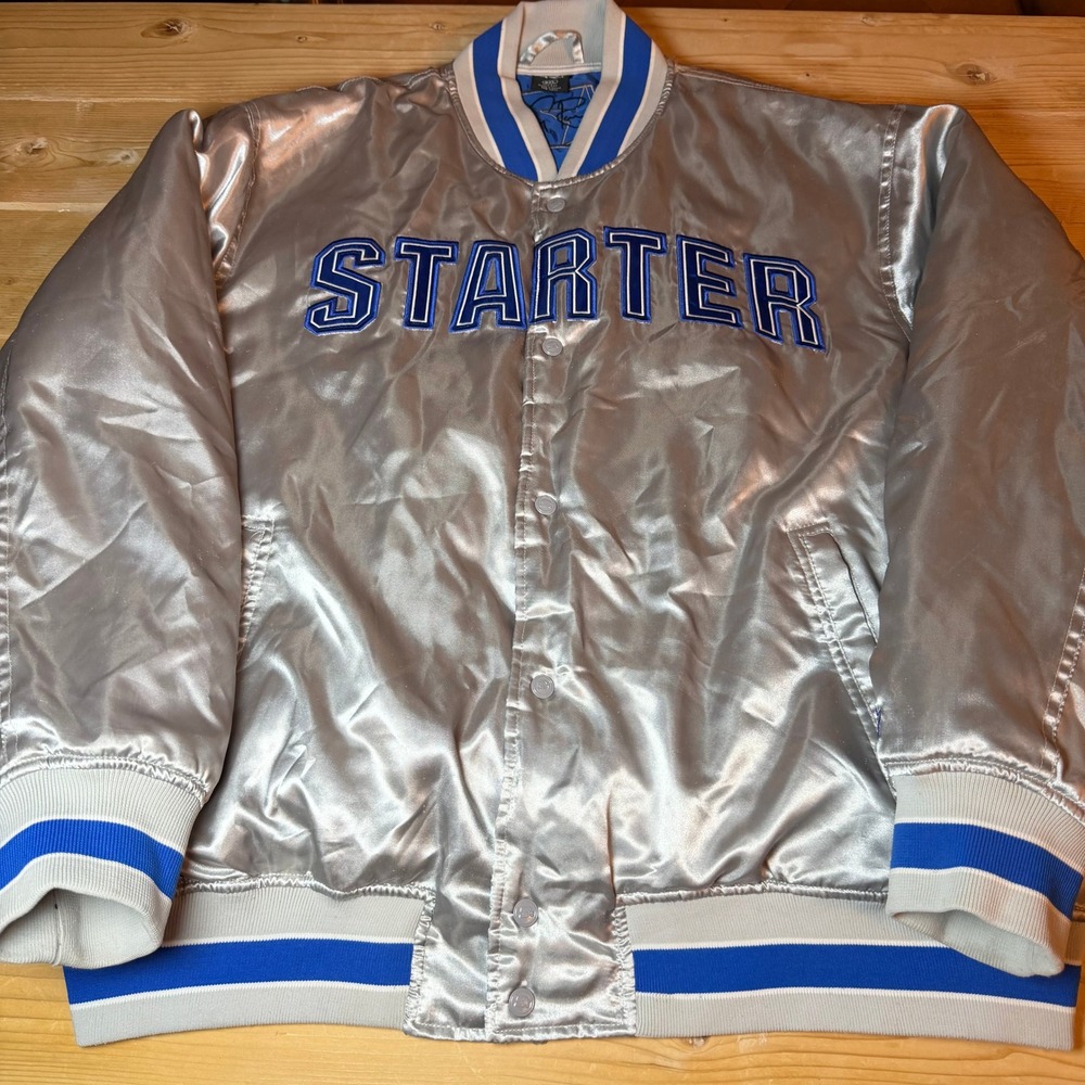 Tony Romo Starter Jacket Mens 2XL Silver Satin Varsity Bomber Dallas Cowboys 9
